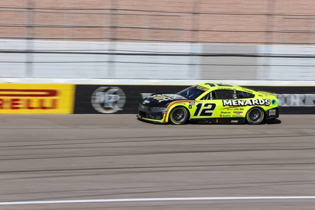 LAS VEGAS, NV - OCTOBER 20: Ryan Blaney ( 12 Team Penske Menards Great Stuff Ford) drives out of turn four during the South Point 400 NASCAR, Motorsport, USA Cup Series playoff race on October 20, 2024, at Las Vegas Motor Speedway in Las Vegas, NV. (Photo by Christopher Trim Icon Sportswire) AUTO: OCT 20 NASCAR Cup Series South Point 400 EDITORIAL USE ONLY Icon241020556