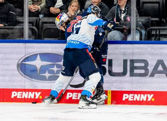 Battle for the puck duel between Veit Oswald EHC Red Bull Muenchen, 27 and Niklas Huebner ERC Ingolstadt Panther, 27 GER, EHC Red Bull Muenchen vs ERC Ingolstadt Panther, Ice Hockey, DEL, Matchday 13, Season 2024 2025, 27 10 2024 GER, EHC Red Bull Muenchen vs ERC Ingolstadt Panther, Ice Hockey, DEL, Matchday 13, Season 2024 2025, 27 10 2024 Muenchen Copyright: xEibner-Pressefoto FranzxFeinerx EP_HFR