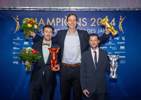 Sport in general, Champions 2024, Berlins Sportsperson of the Year 2024, Gala at the Hotel Estrel Berlin, the mens individual competition was won by Nils Ehlers M , Olympic silver medal, beach volleyball ahead of Martin Zwicker r , Olympic silver medal, field hockey and Para athlete Malte Braunschweig l , 30 11 2024, Copyright: xMatthiasxKochx