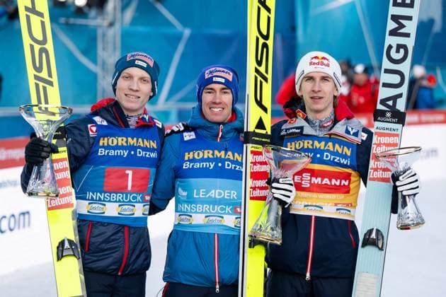HOERL Jan Oesterreich , KRAFT Stefan Oesterreich , TSCHOFENIG Daniel Oesterreich cheering on the podium at the award ceremony for 2nd place, victory and 3rd place, AUT, FIS Viessmann Ski Jumping World Cup, Four Hills Tournament Bergiselspringen Innsbruck, Individual ski jumping competition, 2024 2025 season, 04 01 2025 AUT, FIS Viessmann Ski Jumping World Cup, Four Hills Tournament Bergiselspringen Innsbruck, Individual ski jumping competition, 2024 2025 season, 04 01 2025 Innsbruck Copyright: xEibner-Pressefoto Memmlerx EP_MMR