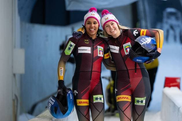 Laura Nolte, Deborah Levi Germany celebrate victory at the finish, AUT, IBSF Bobsleigh World Cup Innsbruck Igls, two-man bobsleigh womens race, 2024 2025 season, 19 01 2025 AUT, IBSF Bobsleigh World Cup Innsbruck Igls, two-man bobsleigh womens race, 2024 2025 season, 19 01 2025 Innsbruck Copyright: xEibner-Pressefoto Memmlerx EP_MMR