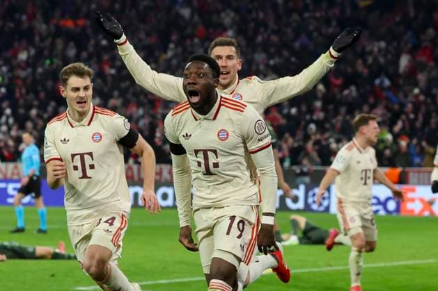 Alphonso Davies FC Bayern Muenchen celebrates after scoring his teams first goal with Leon Goretzka FC Bayern Muenchen and Josip Stanisic FC Bayern Muenchen , UEFA Champions League 2024 25 League Knockout Play off Second Leg, FC Bayern München v Celtic FC, Allianz Arena on February 18, 2025 in Munich, Germany Photo by Marco Steinbrenner DeFodi Images Alphonso Davies FC Bayern Muenchen celebrates after scoring his teams first goal with Leon Goretzka FC Bayern Muenchen FC Bayern Muenchen and Josip Stanisic FC Bayern Muenchen , UEFA Champions League 2024 25 League Knockout Play off Second Leg, FC Bayern München v Celtic FC, Allianz Arena, February 18, 2025 in Munich, Germany Photo by Marco Steinbrenner DeFodi Images Defodi 700 muenchen glasgow 20250218 069 Defodi-700