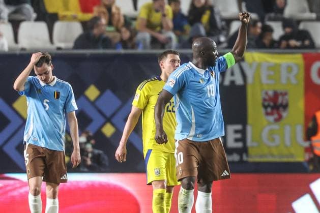 Belgium s Romelu Lukaku celebrates after scoring during a soccer game between Belgian national team, Nationalteam the Red Devils and Ukraine, Thursday 20 March 2025 in Murcia, Spain, the first leg of the play-offs in the Nations League. VIRGINIExLEFOUR x115338063x
