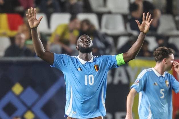 Belgium s Romelu Lukaku celebrates after scoring during a soccer game between Belgian national team, Nationalteam the Red Devils and Ukraine, Thursday 20 March 2025 in Murcia, Spain, the first leg of the play-offs in the Nations League. VIRGINIExLEFOUR x115338078x