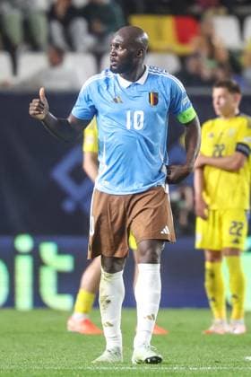 Belgium s Romelu Lukaku celebrates after scoring during a soccer game between Belgian national team, Nationalteam the Red Devils and Ukraine, Thursday 20 March 2025 in Murcia, Spain, the first leg of the play-offs in the Nations League. VIRGINIExLEFOUR x115338178x