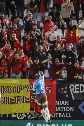 Belgium s Romelu Lukaku celebrates after scoring during a soccer game between Belgian national team, Nationalteam the Red Devils and Ukraine, Thursday 20 March 2025 in Murcia, Spain, the first leg of the play-offs in the Nations League. VIRGINIExLEFOUR x115338641x
