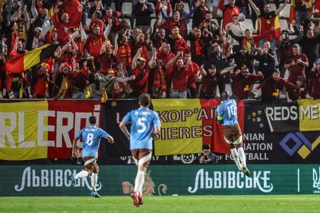 Belgium s Romelu Lukaku celebrates after scoring during a soccer game between Belgian national team, Nationalteam the Red Devils and Ukraine, Thursday 20 March 2025 in Murcia, Spain, the first leg of the play-offs in the Nations League. VIRGINIExLEFOUR x115338646x
