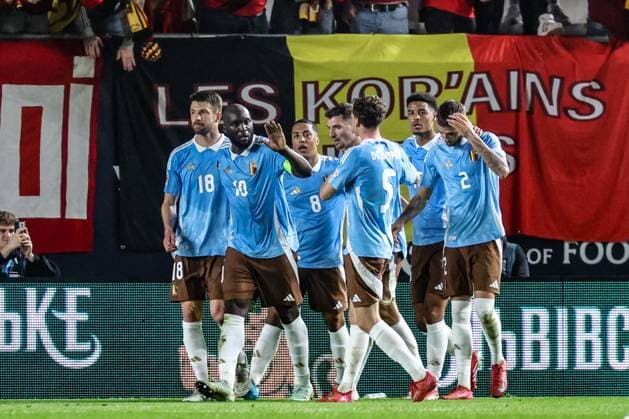 Belgium s Romelu Lukaku celebrates after scoring during a soccer game between Belgian national team, Nationalteam the Red Devils and Ukraine, Thursday 20 March 2025 in Murcia, Spain, the first leg of the play-offs in the Nations League. VIRGINIExLEFOUR x115338671x