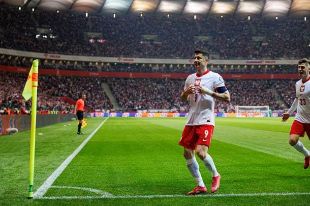 Robert Lewandowski seen celebrating after scoring goal during World Cup 2026 European Qualifying game between national teams of Poland and Lithuania at PGE Narodowy (Maciej Rogowski) Warsaw PGE Narodowy Poland Copyright: xMaciejxRogowskix polandlithuania2425-525