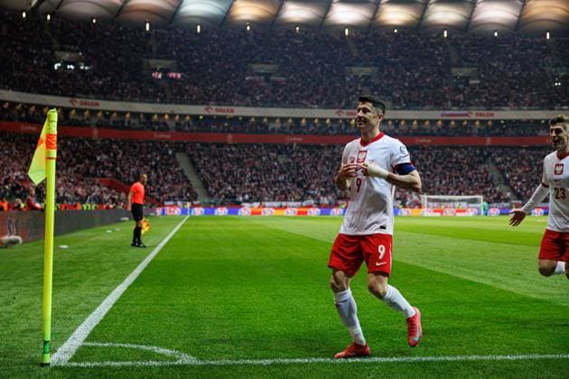 Robert Lewandowski seen celebrating after scoring goal during World Cup 2026 European Qualifying game between national teams of Poland and Lithuania at PGE Narodowy (Maciej Rogowski) Warsaw PGE Narodowy Poland Copyright: xMaciejxRogowskix polandlithuania2425-524