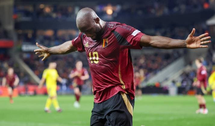 Belgium s Romelu Lukaku celebrates after scoring during a soccer game between Belgian national team, Nationalteam the Red Devils and Ukraine, Sunday 23 March 2025 in Genk, the return leg of the Nations League playoff. Ukraine won the first leg 3-1. VIRGINIExLEFOUR x115474720x