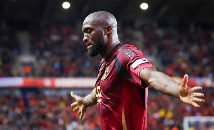 Belgium s Romelu Lukaku celebrates after scoring during a soccer game between Belgian national team, Nationalteam the Red Devils and Ukraine, Sunday 23 March 2025 in Genk, the return leg of the Nations League playoff. Ukraine won the first leg 3-1. VIRGINIExLEFOUR x115475235x