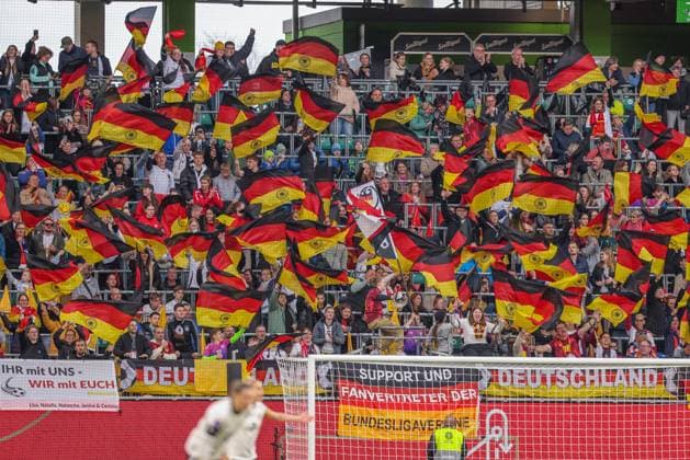 GER, Wolfsburg, Germany vs Scotland, international match, football, DFB, season 2024 2025, Volkswagen Arena, Nations League, 4 matchday in picture fans Germany in Wolfsburg DFB DFL REGULATIONS PROHIBIT ANY USE OF PHOTOGRAPHS AS IMAGE SEQUENCES AND OR QUASI VIDEO, 08 04 2025, Copyright: HMBxMedia HendrikxHamelau