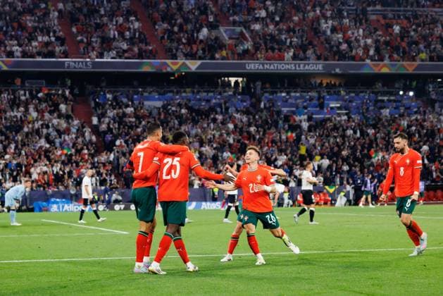 Players of Portugal seen celebrating after goal from Cristiano Ronaldo during UEFA Nations League 2025 semifinal game between national teams of Germany and Portugal (Maciej Rogowski) Munich Allianz Arena Germany Copyright: xMaciejxRogowskix germanyportugal2425-378