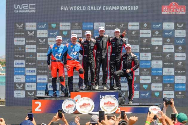 AUTO - WRC, Motorsport Rallye, WM - RALLY ITALIA SARDEGNA 2025 OGIER Sebastien, Toyota GR Yaris Rally1, portrait, podium, portrait during the 2025 Rally Italia Sardegna, 6th round of the 2025 WRC World Rally Car Championship, from June 5 to 8, 2025 at Olbia, Italy - OlbiaItaly Copyright: xNikosxKatikisx