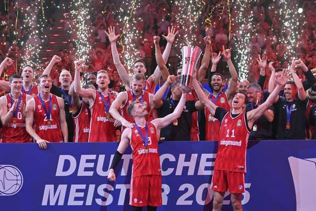 VLADIMIR LUCIC FCB and Andreas OBST FCB with trophy,cup,trophy, team photo,team,team,team photo award ceremony,German Champion, Basketball BBL,season 2024 2025 5 final, FC Bayern Muenchen Ratiopharm Ulm 81 77 on 26 06 2025, S A P G A R D EN