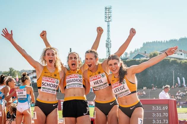 Yasmin Amaadacho Frankfurt Athletics, 4x400m Relay Women , Sabrina Heil Frankfurt Athletics, 4x400m Relay Women , Lena Leege SCC Berlin, 4x400m Relay Women , Maja Schorr SV Go Saar 05, 4x400m Relay Women , NOR, Leichtathletik, Athletics, European Athletics U23 Championships 2025, European Athletics U23 Championships, Bergen, 20 07 2025, NOR, Athletics, Athletics, European Athletics U23 Championships 2025, European Athletics U23 Championships, Bergen, 20 07 2025 Bergen Copyright: xStefanxMayerx EP_SMR