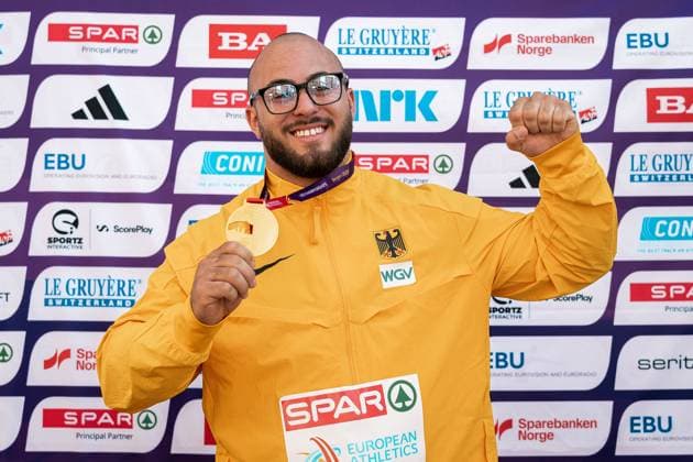 Tizian Lauria VfL Sindelfingen, Shot Put Men , NOR, Athletics, Athletics, European Athletics U23 Championships 2025, European Athletics U23 Championships, Bergen, 20 07 2025, NOR, Athletics, Athletics, European Athletics U23 Championships 2025, European Athletics U23 Championships, Bergen, 20 07 2025 Bergen Copyright: xStefanxMayerx EP_SMR