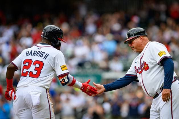Atlanta Braves center fielder Michael Harris II (23) celebrates after hitting a home run during a game against the Miami Marlins at Truist Park in Marietta, Georgia on Sunday, August 10, 2025. Jen Pawol, a minor-league umpire since 2016, makes her major-league debut on Saturday, making her the first female umpire in regular-season MLB, Baseball Herren, USA history. ATL20250810153 JulianxAlexander