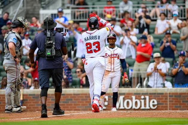 Atlanta Braves center fielder Michael Harris II (23) celebrates after hitting a home run during a game against the Miami Marlins at Truist Park in Marietta, Georgia on Sunday, August 10, 2025. Jen Pawol, a minor-league umpire since 2016, makes her major-league debut on Saturday, making her the first female umpire in regular-season MLB, Baseball Herren, USA history. ATL20250810154 JulianxAlexander