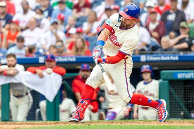 Philadelphia Phillies designated hitter Kyle Schwarber hits a three run homer in the eighth inning of a game against the Seattle Mariners, Wednesday, Aug. 20, 2025, in Philadelphia. PHI20250820010 LaurencexKesterston
