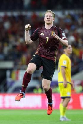 Belgium s Kevin De Bruyne celebrates after scoring during a soccer game between Belgian national soccer team Red Devils and Kazakhstan, in Brussels, on Sunday 07 September 2025, the fourth (out of 8) qualification games for the World Cup 2026. VIRGINIExLEFOUR x133564550x