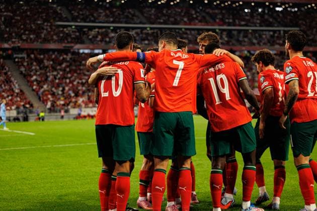 Players of Portugal seen celebrating after goal from Cristiano Ronaldo during World Cup 2026 European qualification game between national teams of Hungary and Portugal (Maciej Rogowski Ball Raw Images) Budapest Puskas Arena Hungary Copyright: xMaciejxRogowskix maciejrogowski_hungary_portugal_2526-41