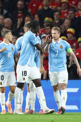 Belgium s Kevin De Bruyne celebrates after scoring during a soccer game between Wales and Belgian national team, Nationalteam Red Devils, in Cardiff, Wales on Sunday 12 October 2025, qualifier 6 8 for the 2026 FIFA World Cup, WM, Weltmeisterschaft, Fussball BRUNOxFAHY x136705009x
