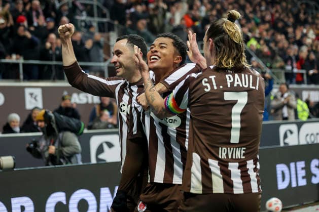 Joel Chima Fujita FC St Pauli celebrates scoring his teams second goal with Manolis Saliakas FC St Pauli and Jackson Irvine FC St Pauli , Bundesliga, FC St Pauli v SV Werder Bremen, Millerntor Stadion, February 22, 2026 in Hamburg, Germany Photo by Marco Steinbrenner DeFodi Images Joel Chima Fujita FC St Pauli celebrates after scoring his teams second goal with Manolis Saliakas FC St Pauli and Jackson Irvine FC St Pauli , Bundesliga, FC St Pauli v SV Werder Bremen, Millerntor Stadion, February 22, 2026 in Hamburg, Germany Photo by Marco Steinbrenner DeFodi Images DFL regulations prohibit any use of photographs as image sequences and or quasi video
