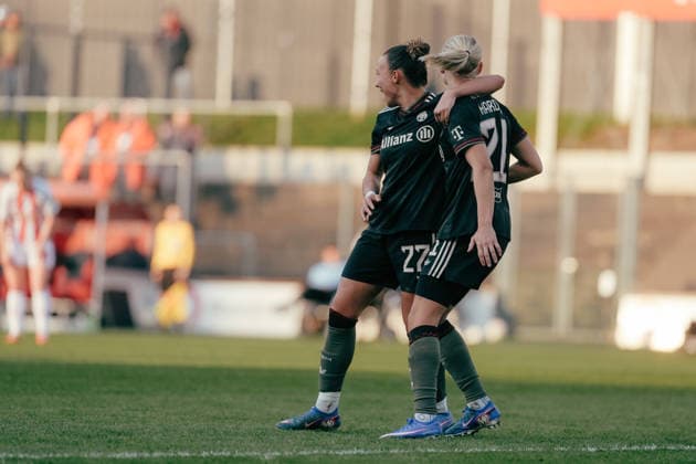 15.03.26, Women, Football, Google Pixel Frauen Bundesliga, Season 2025 2026, 1.FC Köln vs. FC Bayern München, Matchday 20 Magdalena Eriksson ( 5 - FC Bayern München) celebration of the goal for the 0:1 with Arianna Caruso ( 27 - FC Bayern München) Cologne Franz-Kremer-Stadium NRW Deutschland