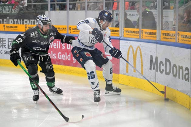 Darren Mieszkowski EC Kassel Huskies, 66 on the puck in a duel with Pawel Dronia Bietigheim Steelers, 12 Bietigheim Steelers vs EC Kassel Huskies, Ice Hockey, DEL 2, PlayOff Game 4, Season 2025 2026, 08 04 2026 Bietigheim Steelers vs EC Kassel Huskies, Ice Hockey, DEL 2, PlayOff Game 4, Season 2025 2026, 08 04 2026 Bietigheim Copyright: xEibner-Pressefotox EP_TBR