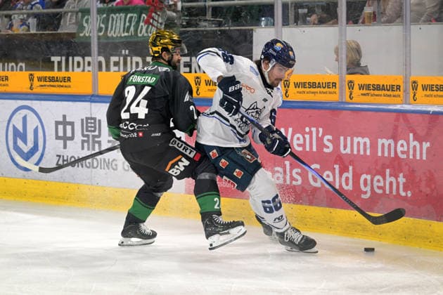 Darren Mieszkowski EC Kassel Huskies, 66 on the puck in a duel with Cole Fonstad Bietigheim Steelers, 24 Bietigheim Steelers vs EC Kassel Huskies, Ice Hockey, DEL 2, PlayOff Game 4, Season 2025 2026, 08 04 2026 Bietigheim Steelers vs EC Kassel Huskies, Ice Hockey, DEL 2, PlayOff Game 4, Season 2025 2026, 08 04 2026 Bietigheim Copyright: xEibner-Pressefotox EP_TBR
