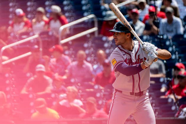 Atlanta Braves first baseman Matt Olson (28) is up to bat in the top of the first inning during a game agains the Washington Nationals at Nationals Park in Washington, DC on Thursday, April 23, 2026. WAP20260423302 BONNIExCASH
