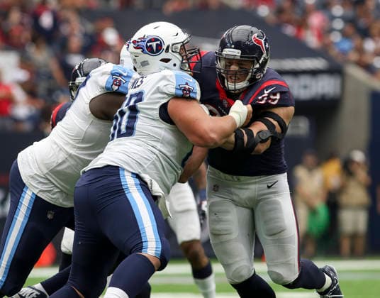 October 1, 2017: Houston Texans defensive end J.J. Watt (99) goes up against Tennessee Titans center Ben Jones (60) during the NFL, American Football Herren, USA game between the Tennessee Titans and the Houston Texans at NRG Stadium in Houston, TX. John Glaser CSM. Copyright: xJohnxGlaserx