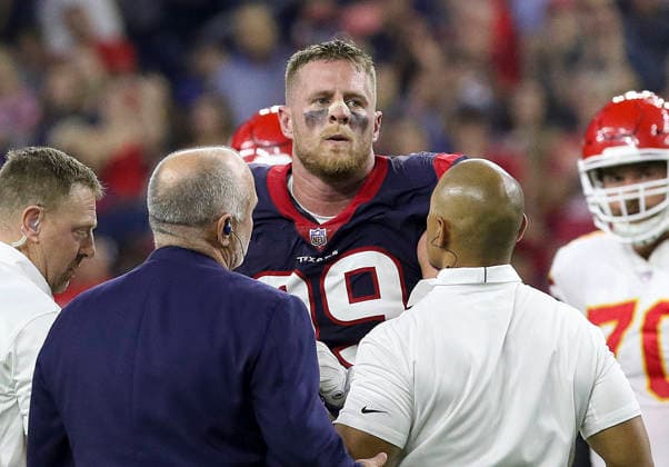 October 8, 2017: Houston Texans defensive end J.J. Watt (99) is helped off the field after sustaining a knee injury in the first quarter during the NFL, American Football Herren, USA game between the Kansas City Chiefs and the Houston Texans at NRG Stadium in Houston, TX. John Glaser CSM. Copyright: xJohnxGlaserx
