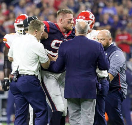 October 8, 2017: Houston Texans defensive end J.J. Watt (99) is helped off the field after sustaining a knee injury in the first quarter during the NFL, American Football Herren, USA game between the Kansas City Chiefs and the Houston Texans at NRG Stadium in Houston, TX. John Glaser CSM. Copyright: xJohnxGlaserx
