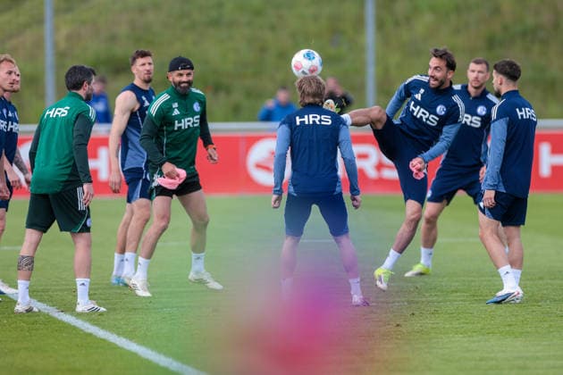 07 05 2026, Football, Training of FC Schalke 04 f l Janik Bachmann FC Schalke 04 , Coach Miron Muslic FC Schalke 04 , Kenan Karaman FC Schalke 04 , Edin Dzeko FC Schalke 04 Gelsenkirchen Training ground FC Schalke 04 NRW Germany xRHR PHOTO YYx Copyright: RHR-FOTOx RHR-FOTO YY