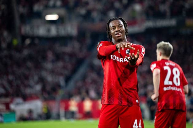 GER, Europa League, semi-final, SC Freiburg vs Sporting Braga 07 05 2026, Europa Park Stadion, Freiburg, GER, Europa League, semi-final, SC Freiburg vs Sporting Braga, in the picture Johan Manzambi SC Freiburg, 44 celebrates the goal to 2 0, nordphotoxGmbHx xMemmler nph00005