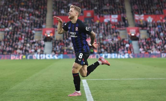Riley McGree of Middlesbrough celebrates scoring a goal to make the score 0-1 Southampton v Middlesbrough, EFL Sky Bet Championship, Play-Off Semi Final, Second Leg, Football, St Mary s Stadium, Southampton, UK - 12 May 2026Southampton St Mary s Stadium United Kingdom EDITORIAL USE ONLY No use with unauthorised audio, video, data, fixture lists, club league logos or live services. Online in-match use limited to 120 images, no video emulation. No use in betting, games or single club league player publications. Copyright: xKieranxMcManus Shutterstockx 16871478ai