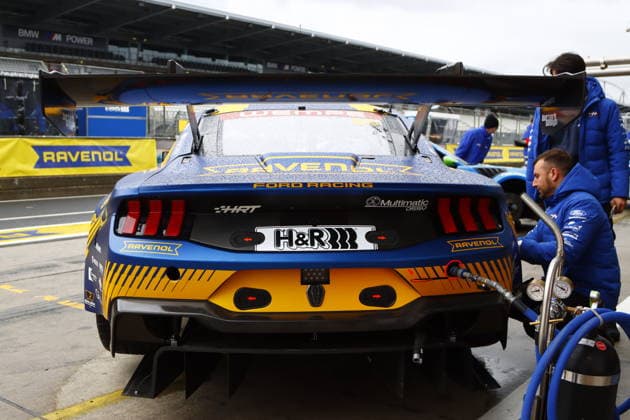 64 Dennis Olsen NOR Christopher Mies Erkrath GER Frederic Vervisch BEL Arjun Maini IND , Ford Mustang GT3, Team HRT Ford Racing GER in front of the pits GER, Motorsport, 54 ADAC Ravenol 24H Rennen Nuerburgring 2025, Wednesday, Impressions before the race, Nuerburg, 13 05 2026 GER, Motorsport, 54 ADAC Ravenol 24H Rennen Nuerburgring 2025, Wednesday, Impressions before the race, Nuerburg, 13 05 2026 Nuerburg Copyright: xEibner-Pressefoto JuergenxAugstx EP_JAT