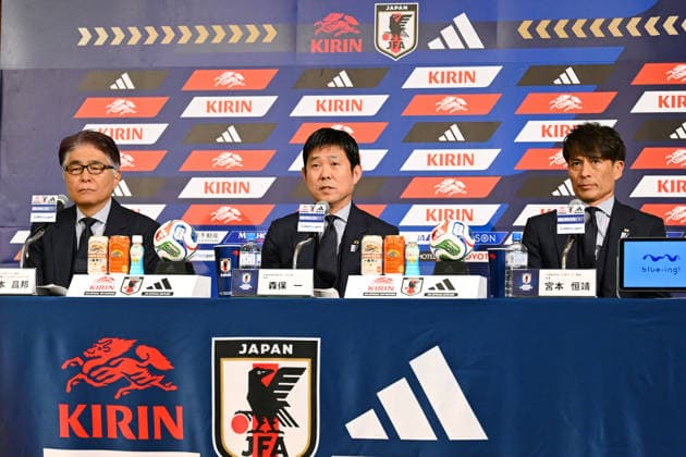(L-R) Masakuni Yamamoto (JPN), Hajime Moriyasu (JPN), JFATsuneyasu Miyamoto (JPN), MAY 15, 2026 - Football Soccer : Japan head coach Hajime Moriyasu attends the press conference, PK, Pressekonferenz to announce the squad for the FIFA World Cup, WM, Weltmeisterschaft, Fussball 2026 in Tokyo, Japan. Noxthirdxpartyxsales aflo_330454758