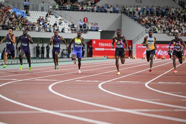 Wanda Diamond League 2026 - Shanghai Keqiao SHAOXING, CHINA - MAY 16: (L-R) Xie Zhenye of China, Ferdinand Omanyala of Kenya, Akani Simbine of South Africa, Trayvon Bromell of United States, Kenny Bednarek of United States, Letsile Tebogo of Botswana, and Christian Coleman of United States compete in the men s 100m race during the Yangtze River Delta Athletics Diamond Gala, the Shanghai Keqiao leg and opening meeting of the 2026 Wanda Diamond League circuit, at the China Textile City Sports Center in Keqiao, Shaoxing, Zhejiang province, China, on May 16, 2026. Artur Widak Anadolu Zhejiang China. Editorial use only. Please get in touch for any other usage. Copyright: x2026xAnadoluxArturxWidakx