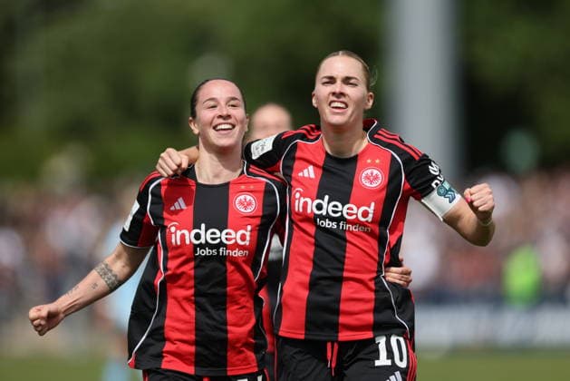 GER, Frankfurt, Eintracht Frankfurt vs Union Berlin, Google Pixel Bundesliga, Football, DFB, Season 2025 2026, Stadion am Brentanobad, 26 Matchday in the picture from l Geraldine Reuteler Eintracht Frankfurt Women 14 scores the goal to 4 2, Goal, jubilation and joy, Emotions with Laura Freigang Eintracht Frankfurt Women 10 DFB DFL REGULATIONS PROHIBIT ANY USE OF PHOTOGRAPHS AS IMAGE SEQUENCES AND OR QUASI VIDEO, 17 05 2026 Copyright: HMBxMedia HendrikxHamelau