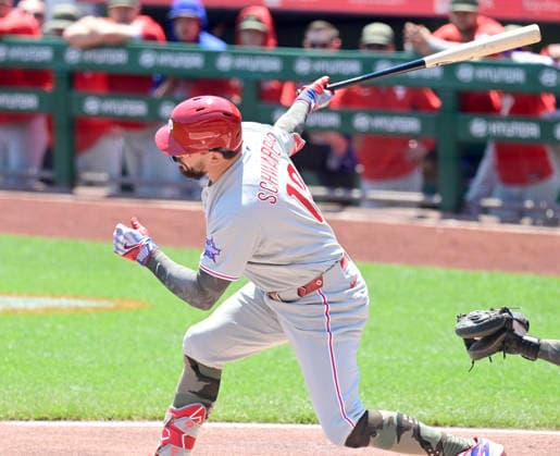 Philadelphia Phillies designated hitter Kyle Schwarber (12) strikes out swinging in the first inning against the Pittsburgh Pirates at PNC Park on Sunday, May 17, 2026 in Pittsburgh. PIT2026051706 ArchiexCarpenter
