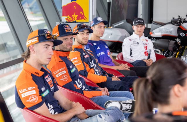 MOTORSPORTS - MotoGP, GP of Austria 2026 SPIELBERG,AUSTRIA,19.MAY.26 - MOTORSPORTS - MotoGP, Grand Prix of Austria, Red Bull Ring, preview, media day. Image shows Pedro Acosta (ESP Red Bull KTM Factory Racing), Brad Binder (RSA Red Bull KTM Factory Racing), Enea Bastianini (ITA Red Bull KTM Tech3), Toprak Razgatlioglu (TUR Prima Pramac Yamaha MotoGP) and Leo Rammerstorfer (AUT SIC58 Squadra Corse). GEPAxpictures xHaraldxSteiner
