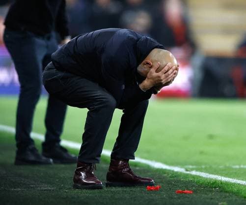 Pep Guardiola the Manchester City manager dejected at a missed chance AFC Bournmeouth v Manchester City, Football, Premier League, Vitality Stadium, Bournemouth, Dorset, UK - 19 05 2026 EDITORIAL USE ONLY No use with unauthorised audio, video, data, fixture lists, club league logos or live services. Online in-match use limited to 120 images, no video emulation. No use in betting, games or single club league player publications. Copyright: xMattxImpey Shutterstockx 16884011at