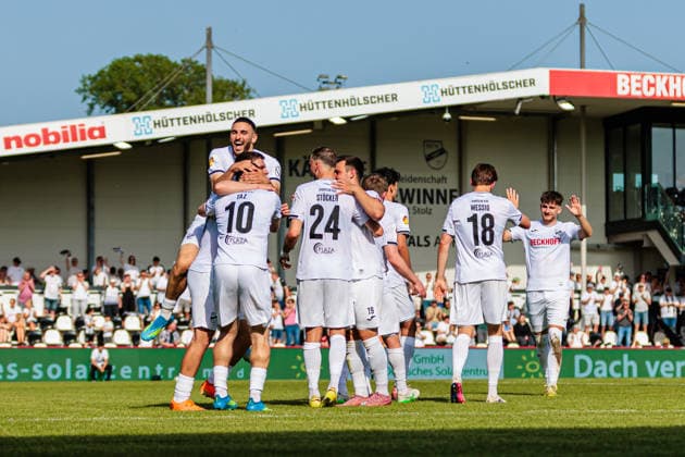 The SC Verl team celebrates the 3-0 goal by Berkan Taz SC Verl, 10 GER, SC Verl vs SF Lotte, Football, Westfalenpokal, Final, Season 2025 2026, 23 05 2026 DFL Regulations prohibit any use of photographers as image sequences and or quasi video GER, SC Verl vs SF Lotte, Football, Westfalenpokal, Final, Season 2025 2026, 23 05 2026 Verl Copyright: xEibner-Pressefoto JanxRollingerx EP_JSK