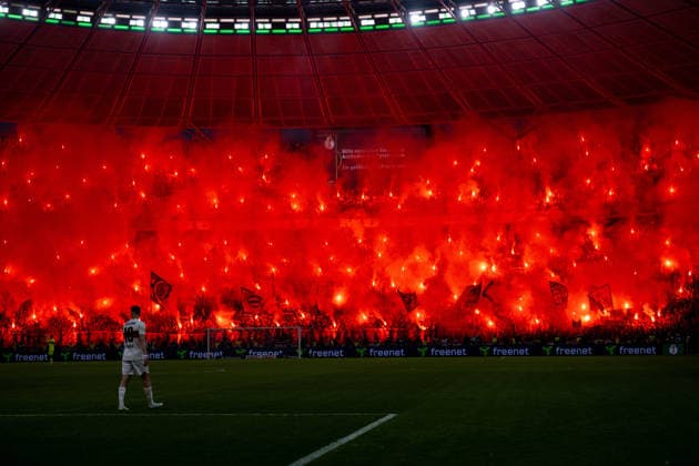 Bengalos, pyrotechnics, smoke rises in Bayern fan block xettx, Germany, Berlin, 23 05 2026, Football, DFB Pokal FC Bayern Muenchen vs VfB Stuttgart, Season 2025 2026, Final, Olympiastadion DFL DFB REGULATIONS PROHIBIT ANY USE OF PHOTOGRAPHS AS IMAGE SEQUENCES AND OR QUASI VIDEO