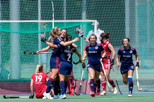 Players of Mannheimer HC MHC , celebrate the goal, celebrate the goal, goal, celebration, celebrate the goal, celebrate the goal, joy, joy, joyful, optimistic, positive, game scene, highlight, action, 24 05 2026, Mannheim Germany , Hockey, German Championship, Quarterfinals 3, Women, Mannheimer HC Rot Weiss Köln xozx