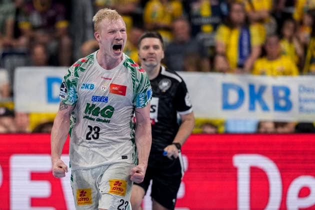 Goalscorer Magnus Saugstrup SCM, 23 , player of SC Magdeburg, cheers about a goal, cheer, cheer, goal celebration, celebrate the goal, goal, celebration, cheers about the goal, rejoicing, joy, rejoices, optimistic, positive, game scene, highlight, single picture, single photo, action, action, 24 05 2026, Mannheim Germany , Handball, Bundesliga, Rhein Neckar Löwen SC Magdeburg xozx